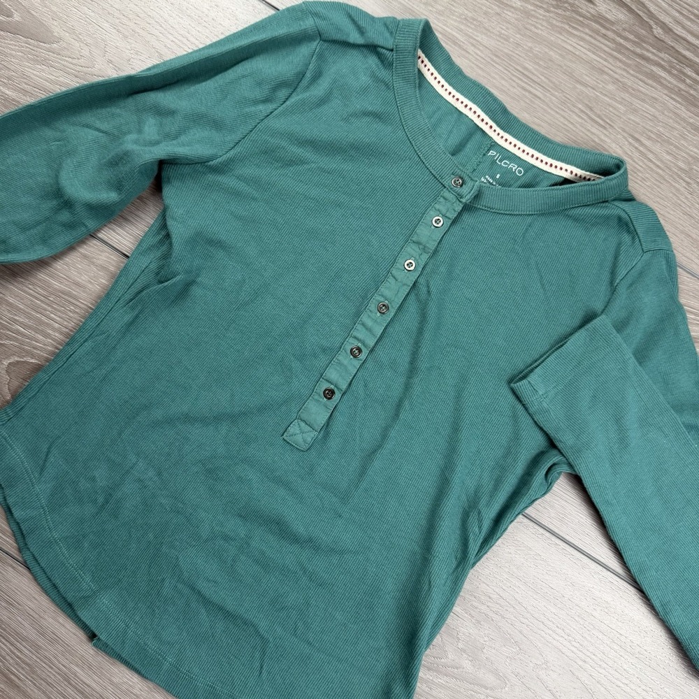 Pilcro And The Letterpress Women's Ribbed Button Front Henley Top Green Small